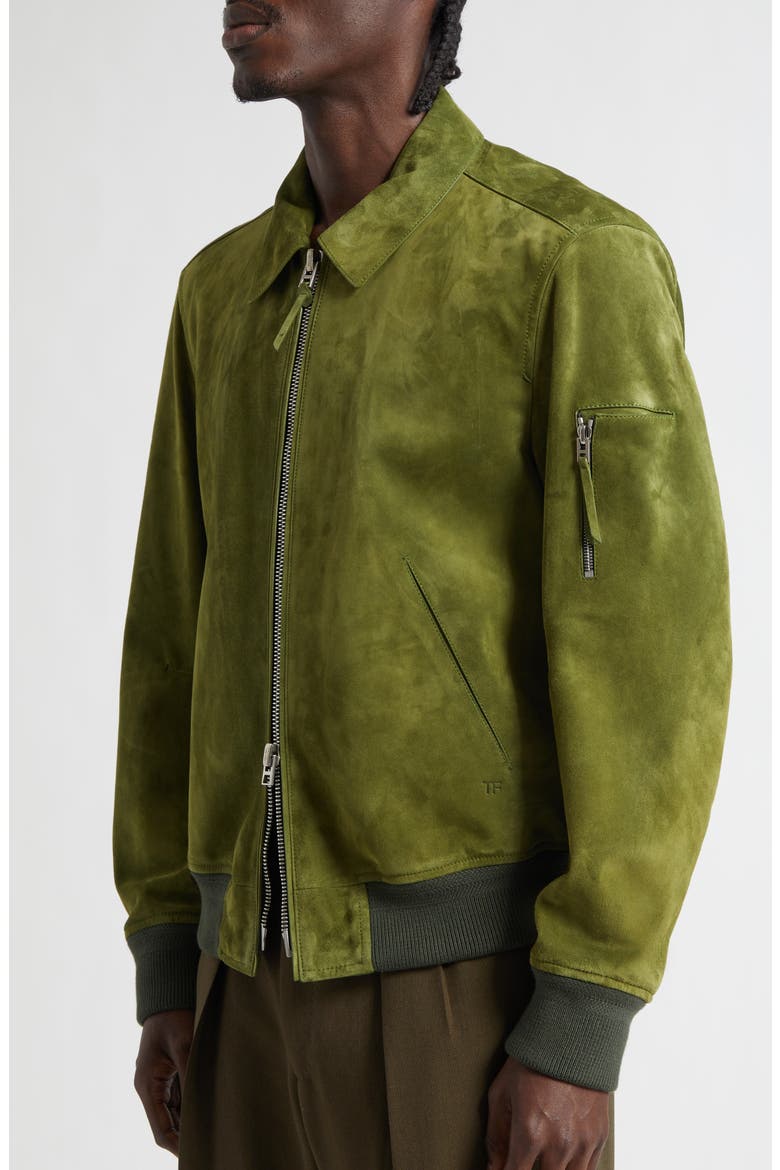 Collared Suede Bomber Jacket, Alternate, color, OLIVE