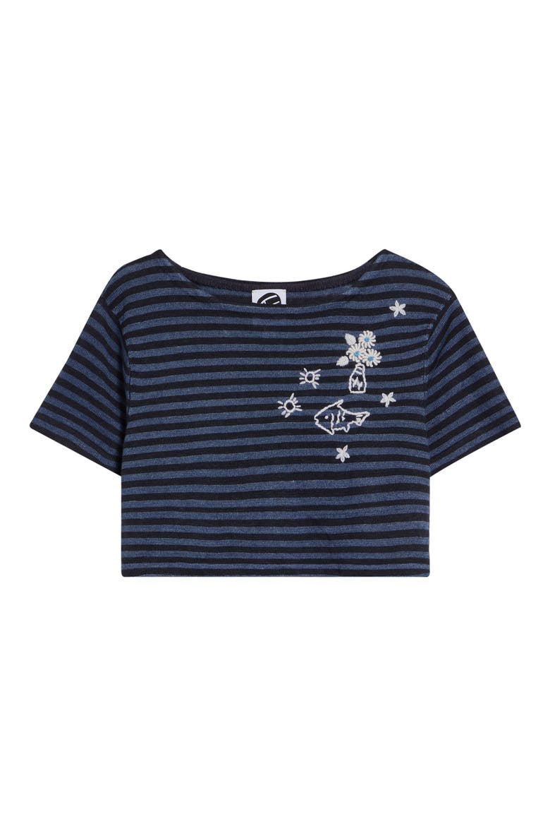 Daisy Stripe Crop Short Sleeve Linen Sweater, Alternate, color, DENIM