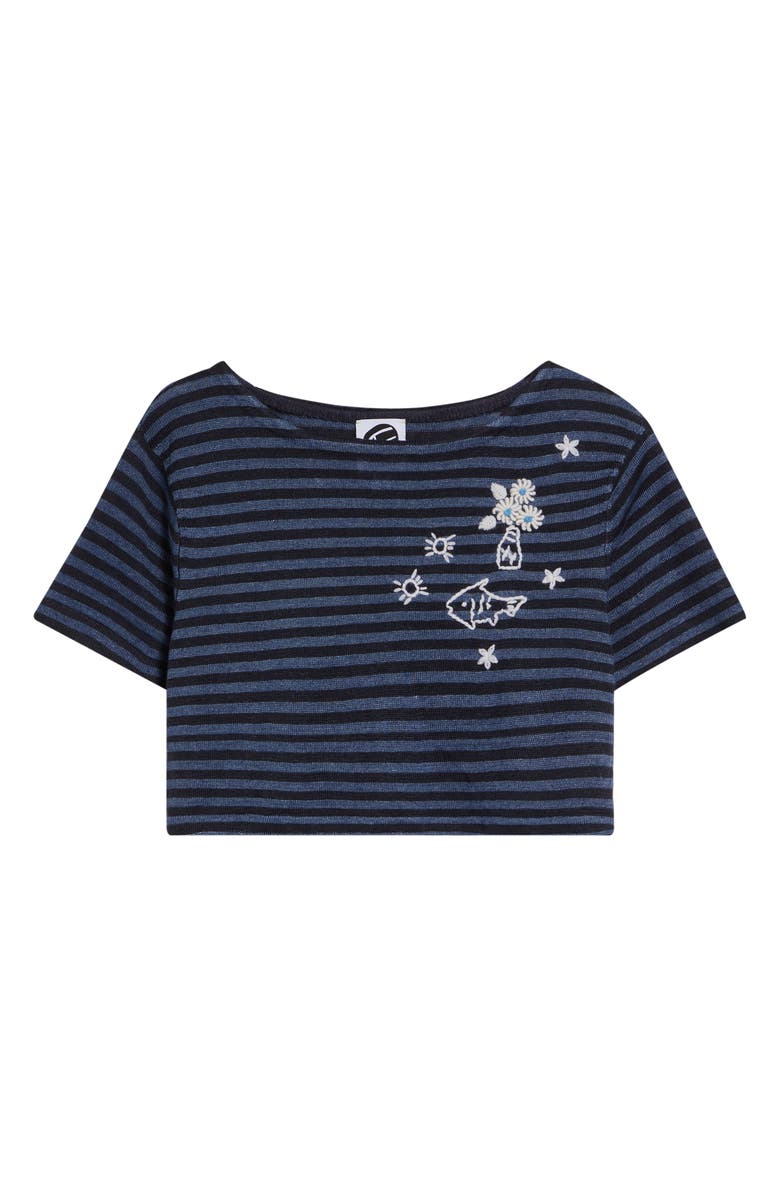 YanYan Daisy Stripe Crop Short Sleeve Linen Sweater, Alternate, color, Denim
