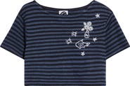 YanYan Daisy Stripe Crop Short Sleeve Linen Sweater