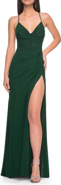 La Femme Net Jersey Ruched Prom Dress with Illusion Bodice