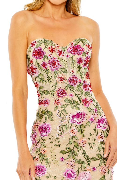 Mac Duggal Strapless Sheer Bustier Embroidered Mermaid Gown In Pink Multi