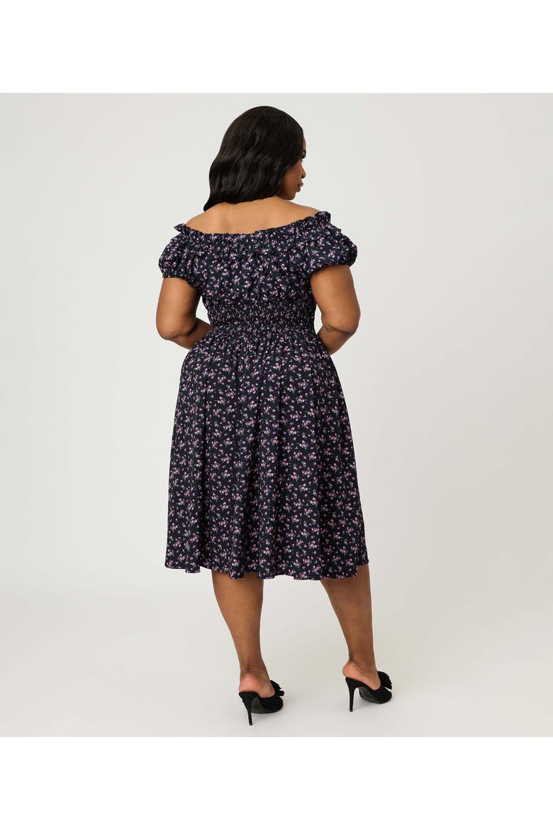 Plus Size 1950s Off The Shoulder Ruffle Swing Dress, Alternate, color, Black w/ Purple Floral Print