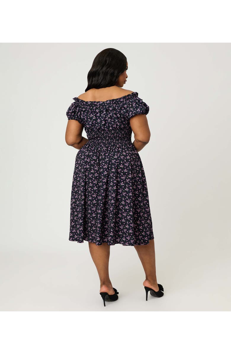 Unique Vintage Plus Size 1950s Off The Shoulder Ruffle Swing Dress, Alternate, color, Black W/ Purple Floral Print