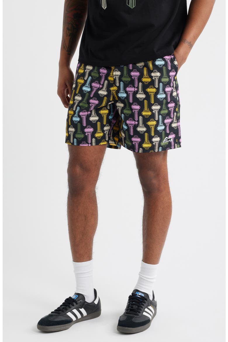 Keys Print Nylon Shorts, Main, color, BLACK