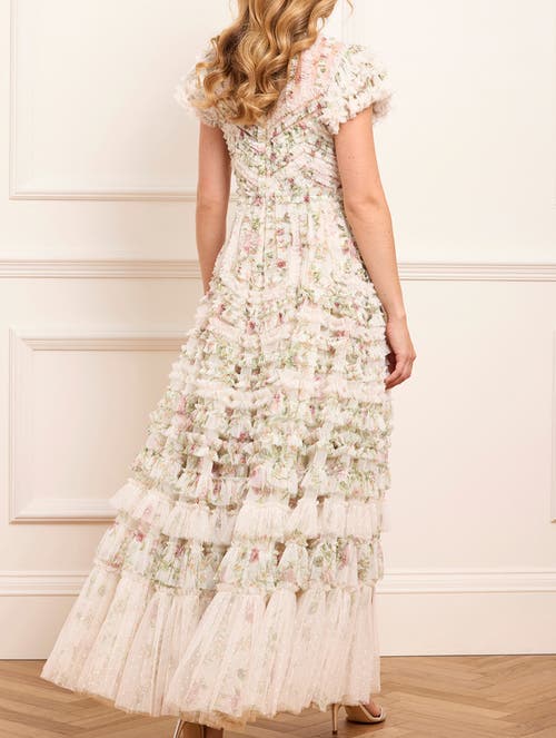 Needle & Thread Colette's La Vie En Rose Round Neck Gown In White