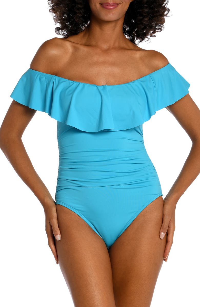 La Blanca Off the Shoulder Ruffle One-Piece Swimsuit, Main, color, Azul