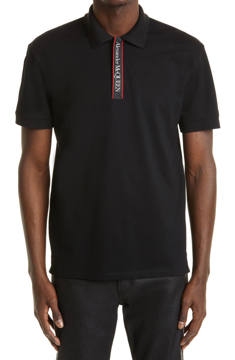 McQueen Alexander McQueen Logo Tape Cotton Piqué Polo, Main, color, Black/ Mix