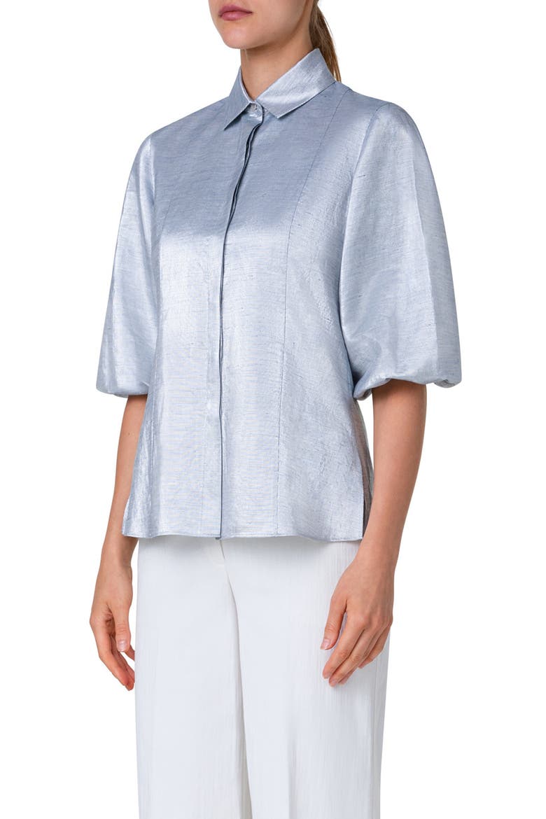 Metallic Puff Sleeve Button-Up Shirt, Alternate, color, SILVER BLUE