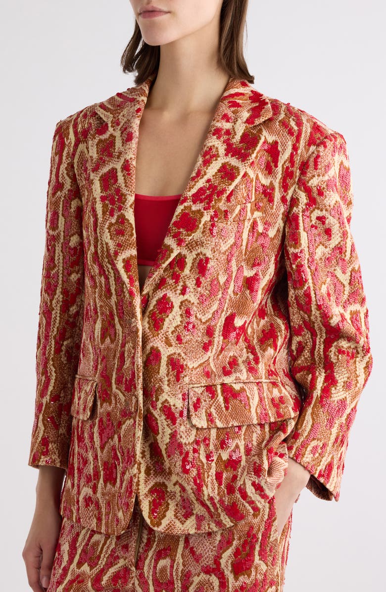 Dries Van Noten Birdy Snakeskin Print Sequin Single Breasted Blazer, Alternate, color, Brique