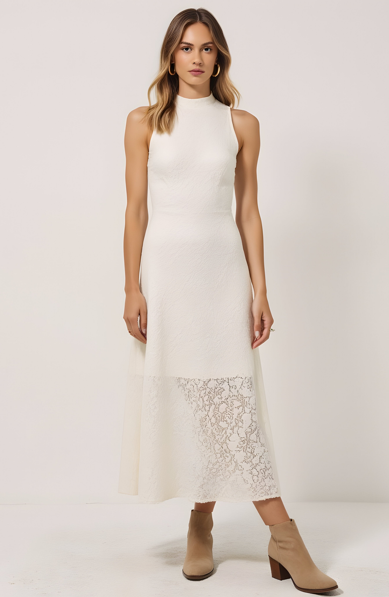 Modenaire Textured Sleeveless Midi Dress with Mock Neck and Lace Hem Inset, Alternate, color, 