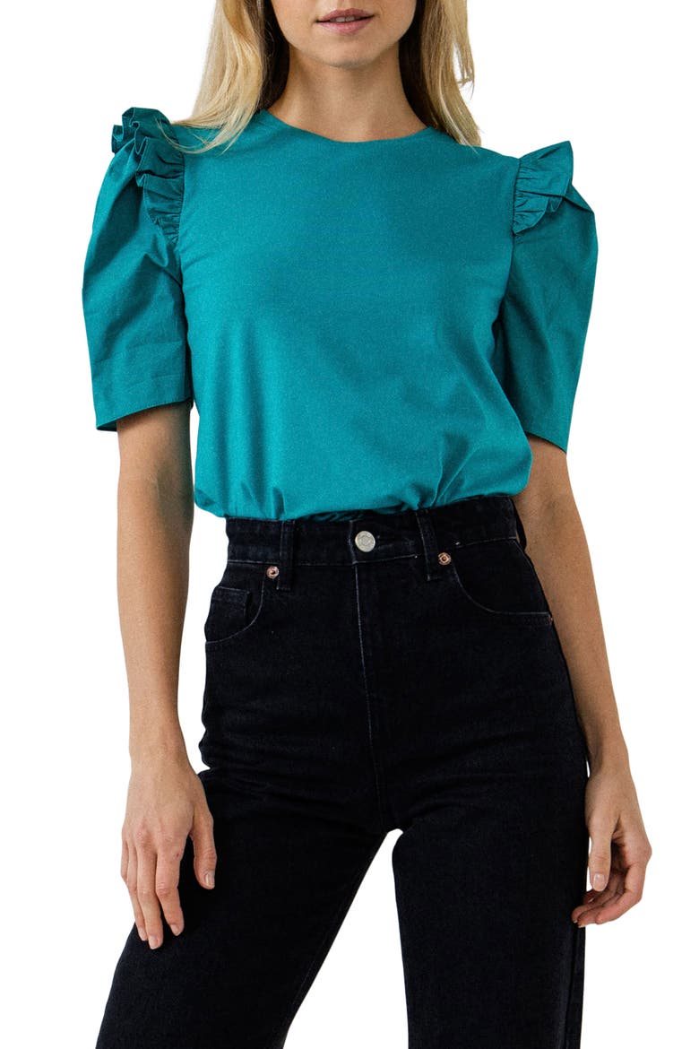 Mini Ruffle Puff Sleeve T-Shirt, Main, color, TEAL
