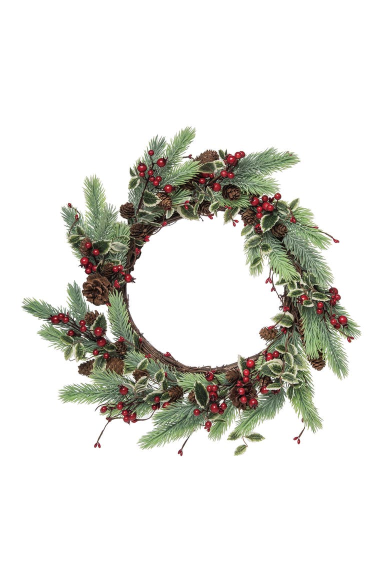 Metal multicolored Christmas fir and berry wreath, Main, color, Multicolored