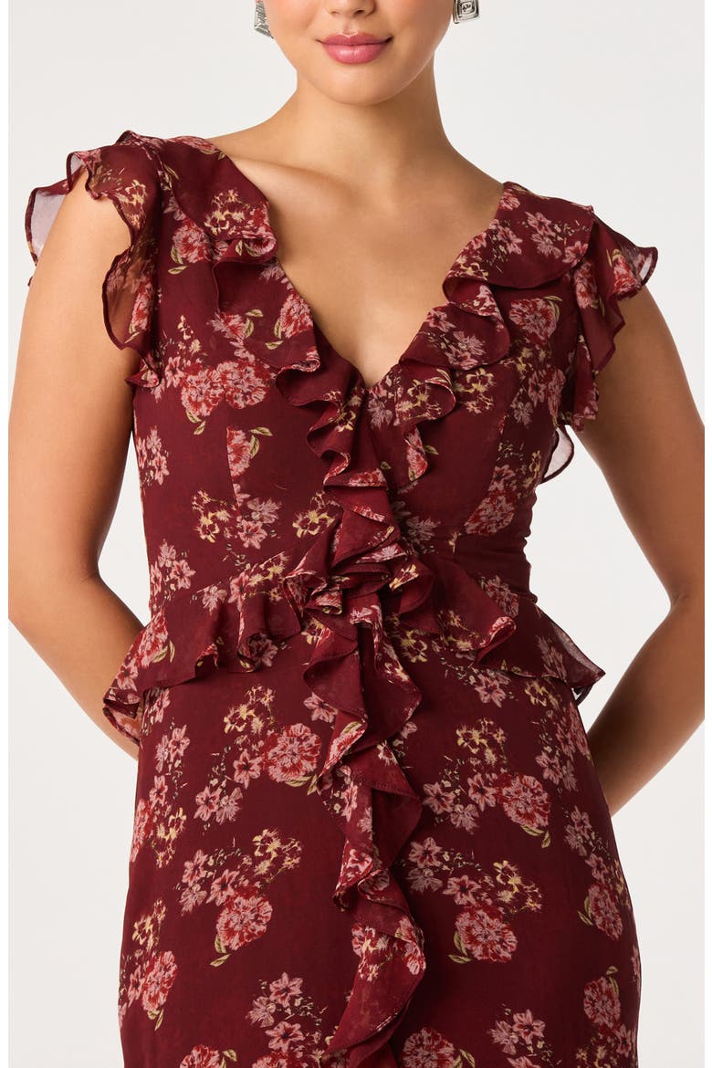Joana Floral Ruffle Maxidress, Alternate, color, WINE FLORAL