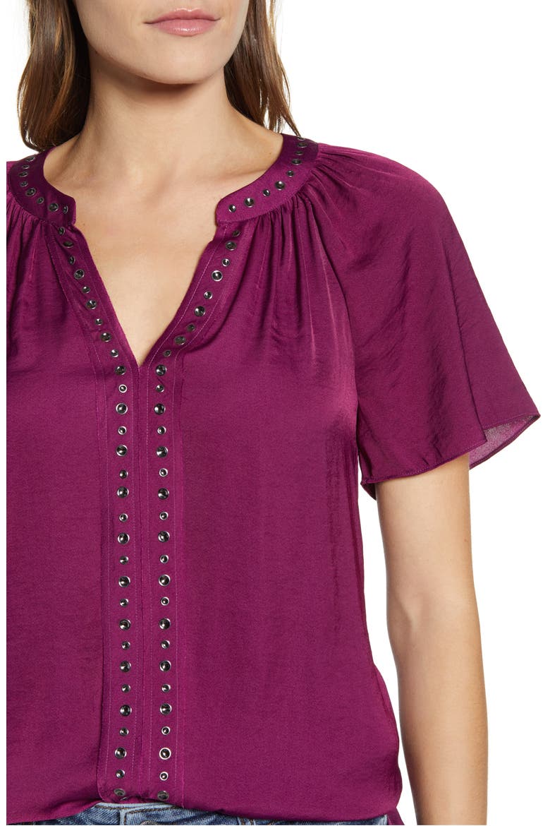 Stud Trim Hammered Satin Blouse, Alternate, color, PLUM NOIR