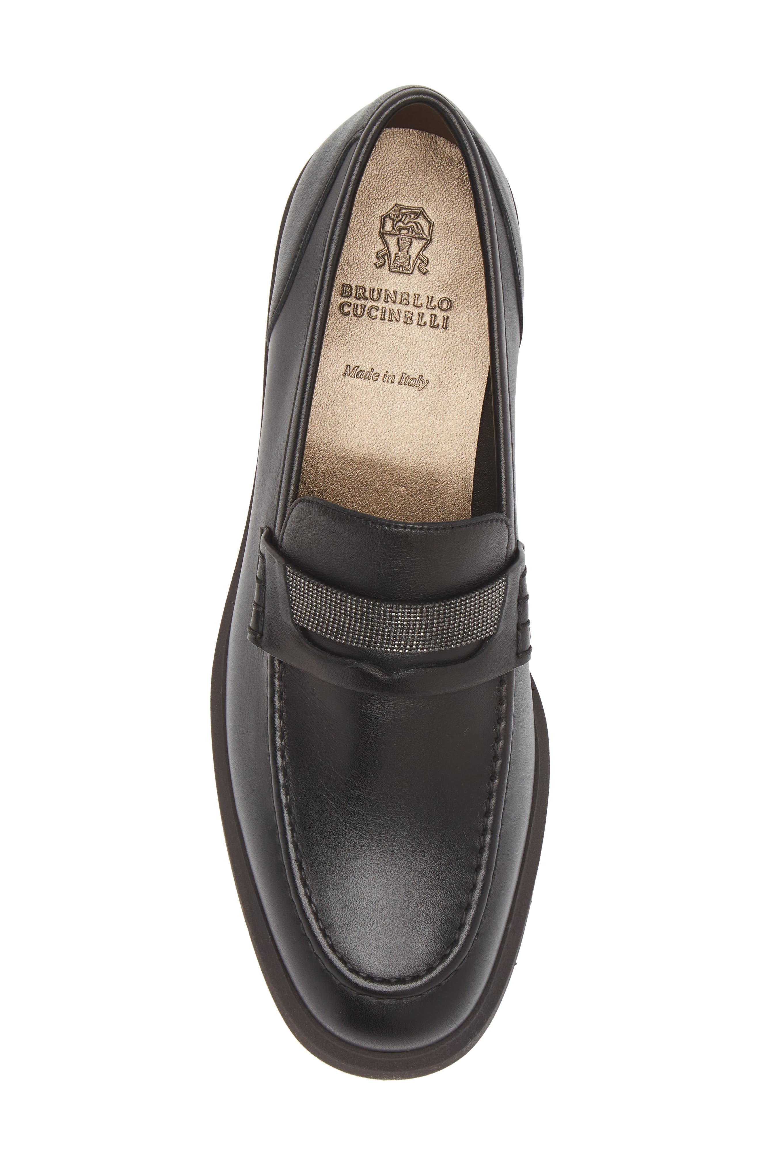 Brunello Cucinelli Monili Trim Leather Loafer, Alternate, color, Black