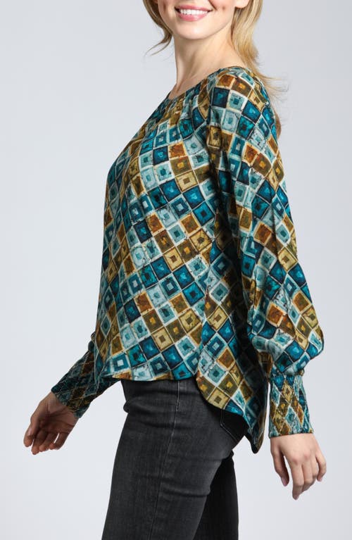 Apny Printed Smocked Cuff Top In Green Multi