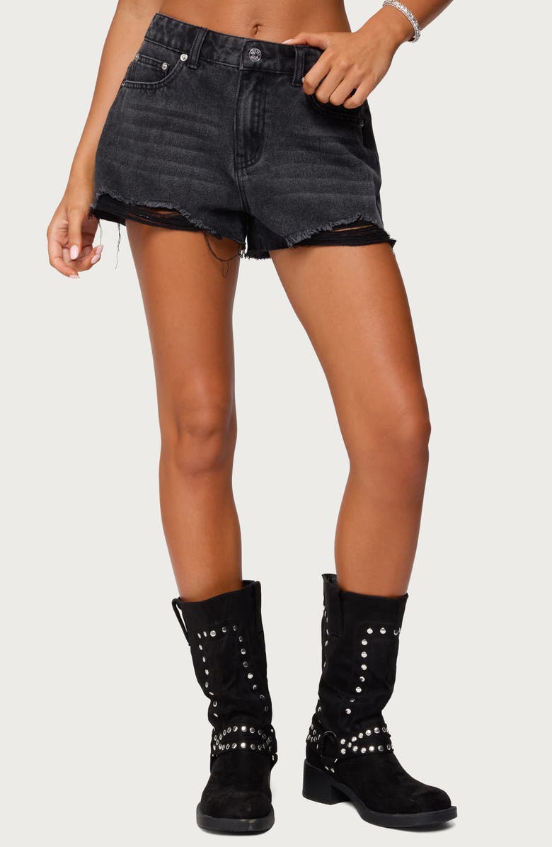 EDIKTED Fern Cutoff Denim Shorts, Main, color, Black