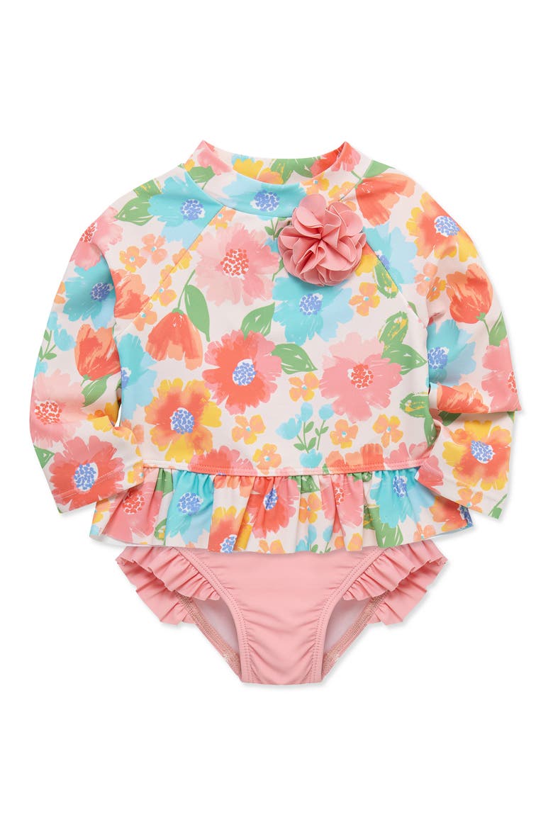 Kids' Floral Ruffle Long Sleeve Two-Piece Rashguard Swimsuit, Alternate, color, PINK