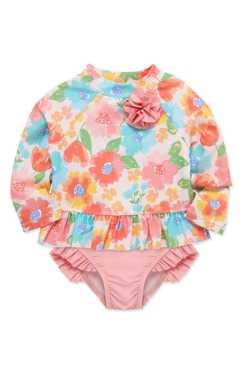 Little Me Kids' Floral Ruffle Long Sleeve Two-Piece Rashguard Swimsuit, Alternate, color, Pink