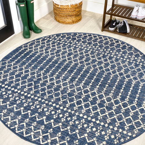 Jonathan Y Ourika Moroccan Geometric Textured Weave Indoor/outdoor Round Area Rug In Navy/beige