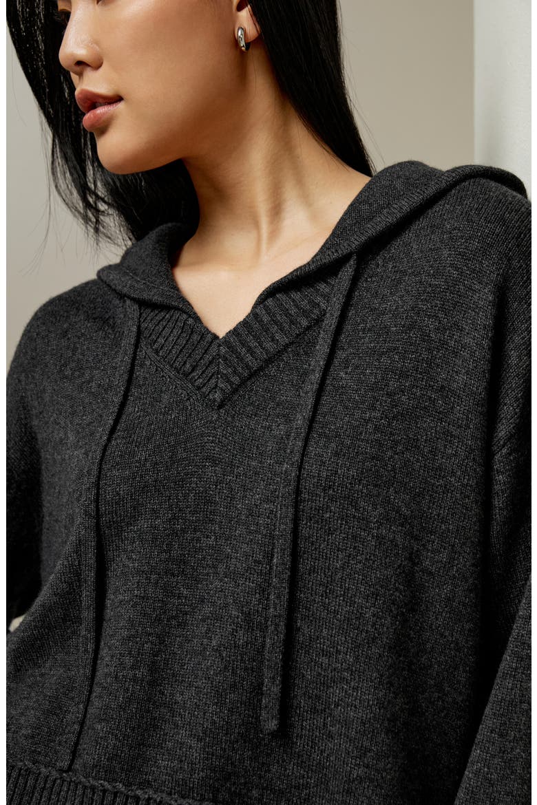 Women's V Neck Wool-Cashmere Blend Hoodie, Alternate, color, Dark Gray