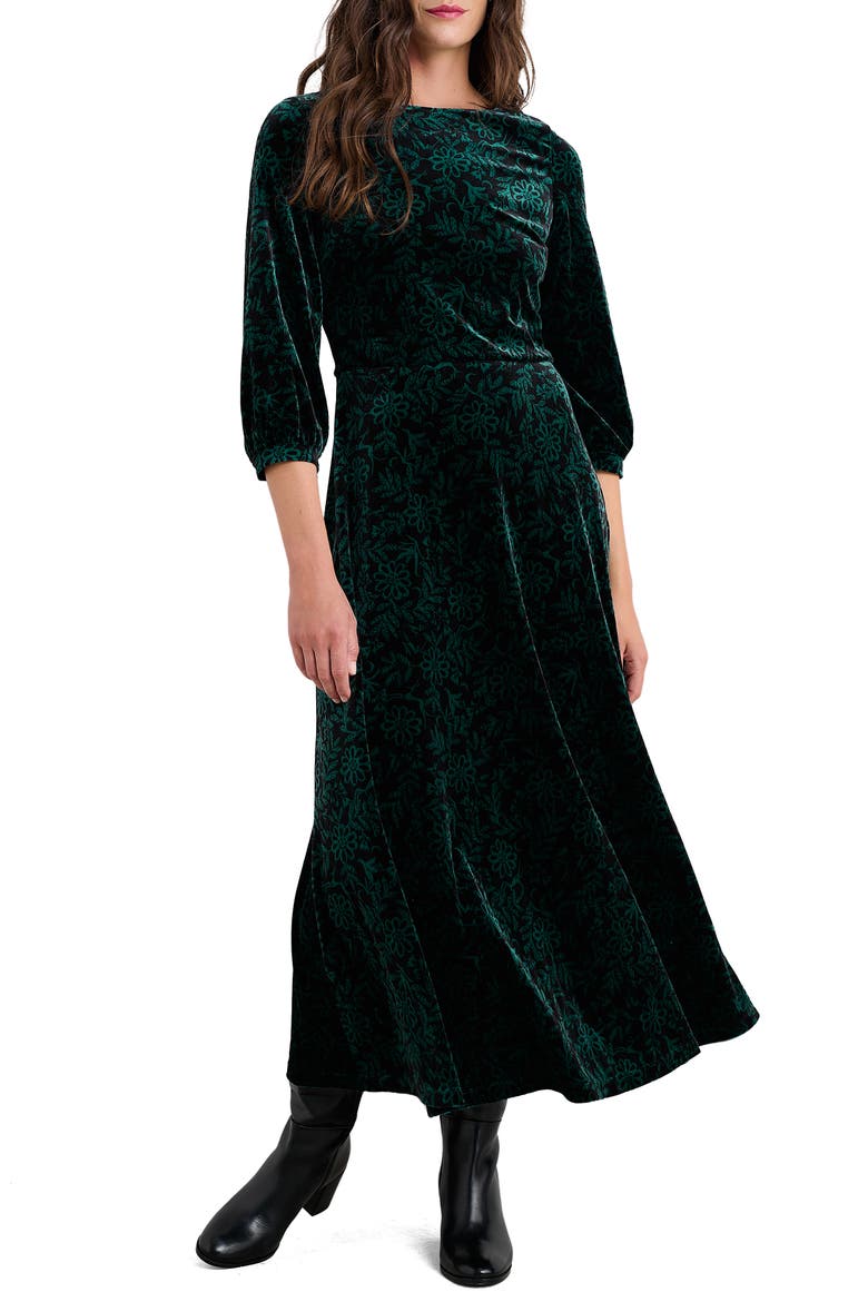 Oak Cottage Floral Velvet Midi Dress, Main, color, EVENING WOODLAND STUDIO GREEN