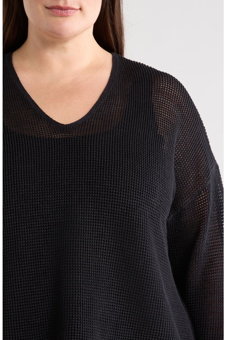 V-Neck Open Knit Sweater, Alternate, color, BLACK