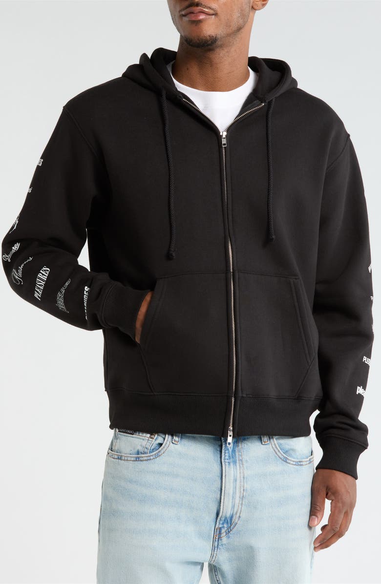 PLEASURES Woodmark Fleece Zip-Up Hoodie, Alternate, color, Black