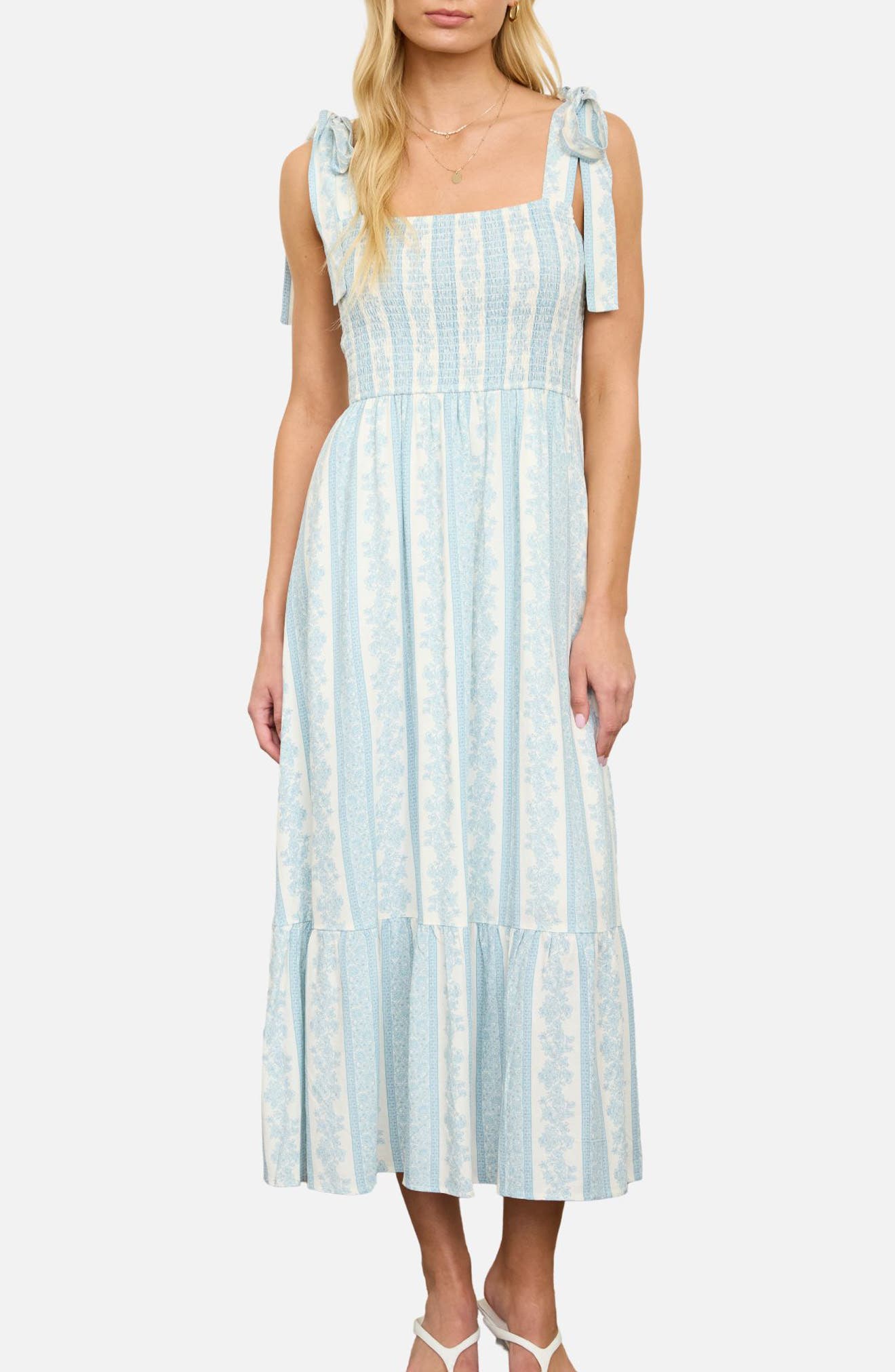 Shoulder Tie Smocked Midi Dress - image 3