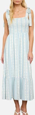 AUGUST SKY Shoulder Tie Smocked Midi Dress