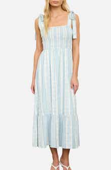 Shoulder Tie Smocked Midi Dress