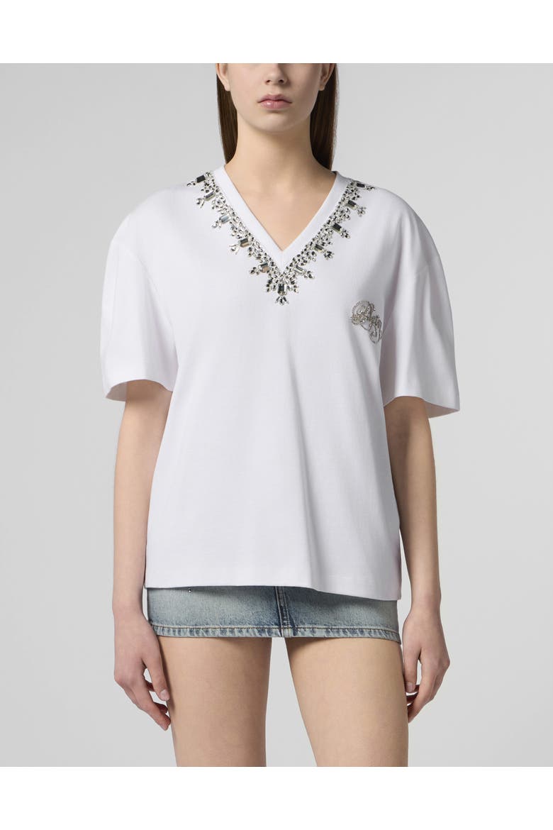 Man Fit V-Neck T-Shirt Crystals Women, Main, color, white