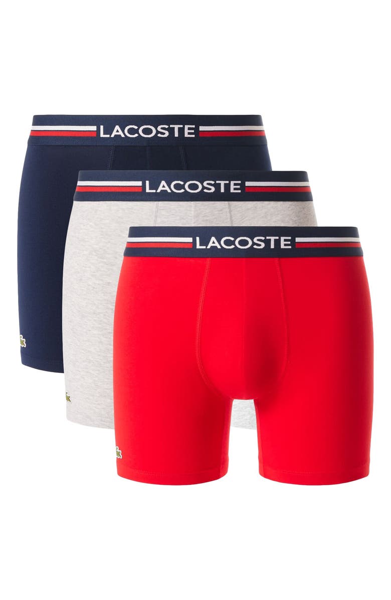 Lacoste Assorted 3-Pack Stretch Cotton Boxer Briefs, Alternate, color, Navy Blue/ Silver Chine/ Red