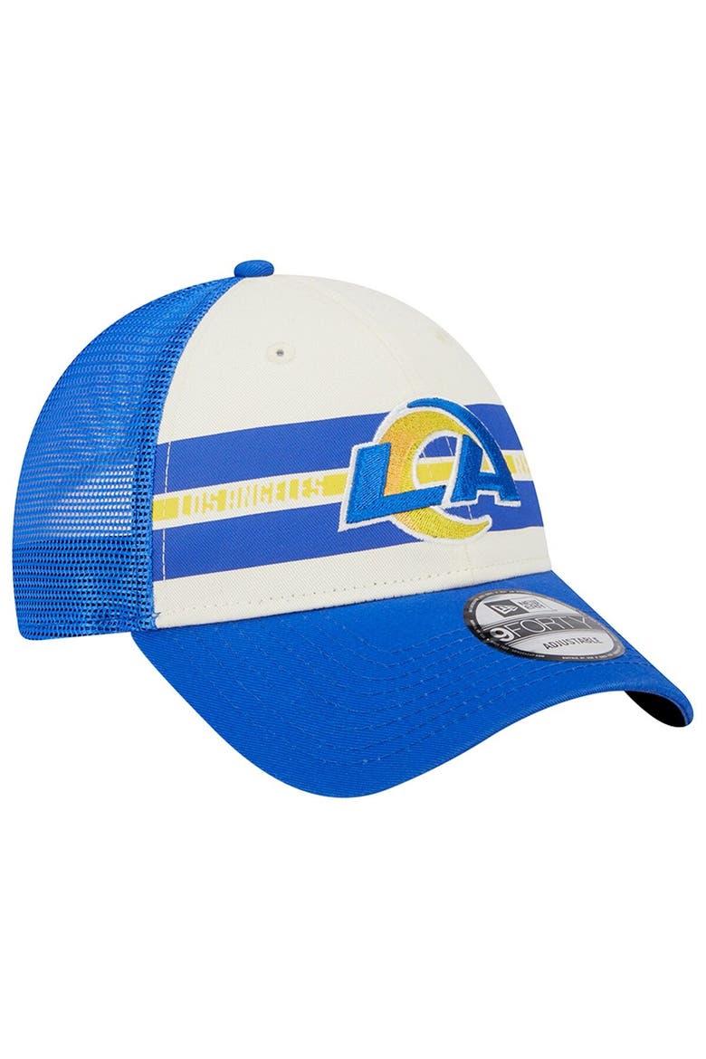 Men's New Era Cream/Royal Los Angeles Rams Team Stripe Trucker 9FORTY Snapback Hat, Alternate, color, Cream