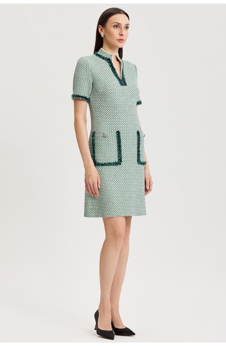 Ming Wang Fringe Trim Jacquard Basketweave Knit Sheath Dress, Alternate, color, Kelly Green/Indigo/Ivory