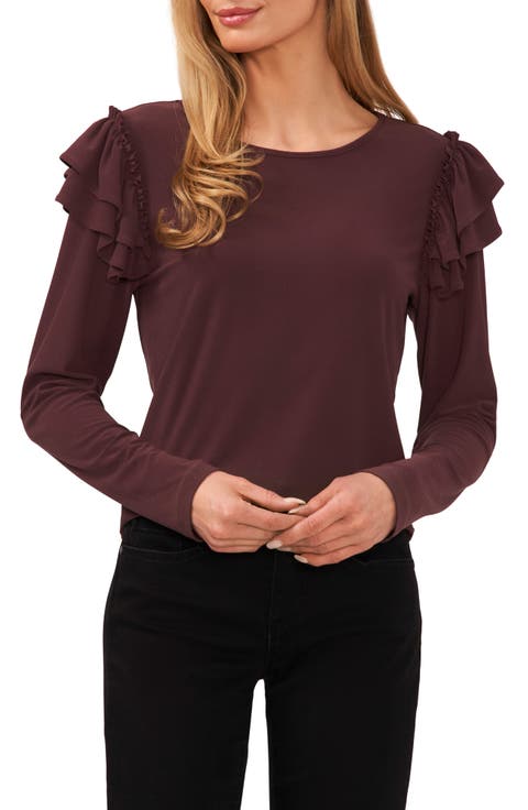 Ruffle Shoulder Long Sleeve Knit Top