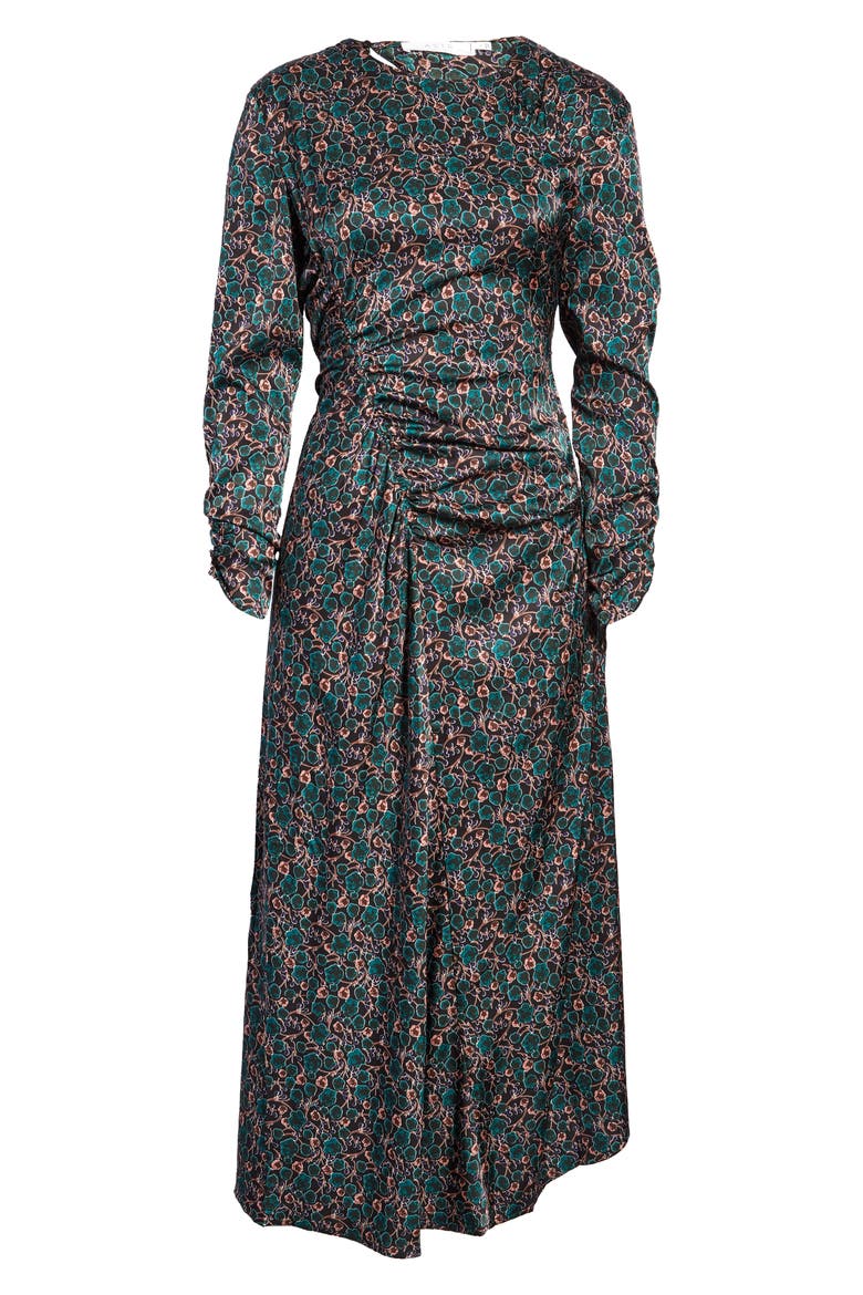 Ruched Long Sleeve Midi Dress, Alternate, color, BLK GRE FL