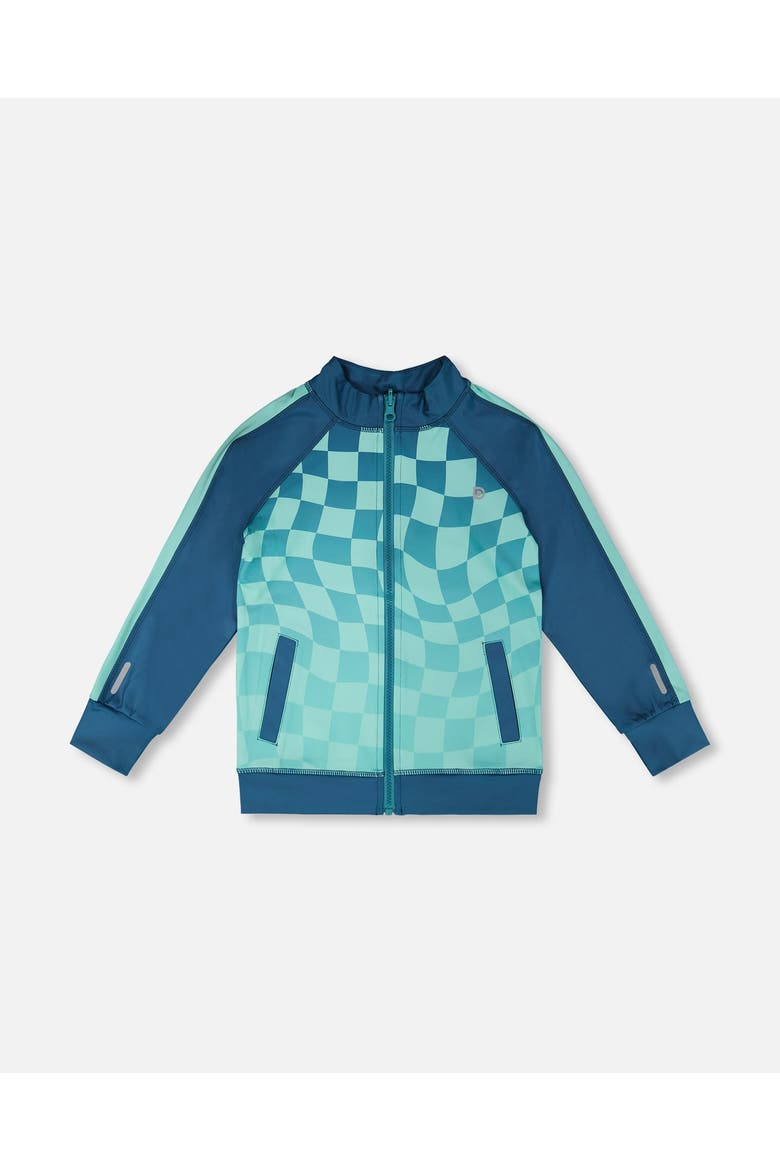 Full Zip Athletic Cardigan Checkerboard in Recycled Polyester, Main, color, Teal Printed Checkerboard