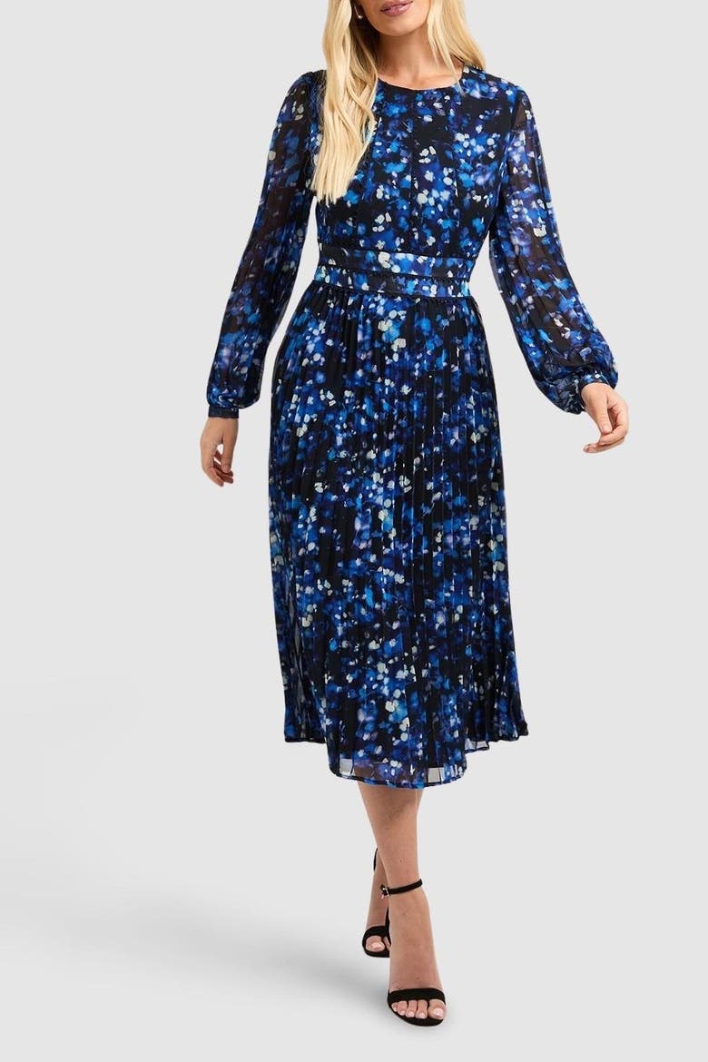 Petite Floral Pleated Midi Dress, Alternate, color, Navy