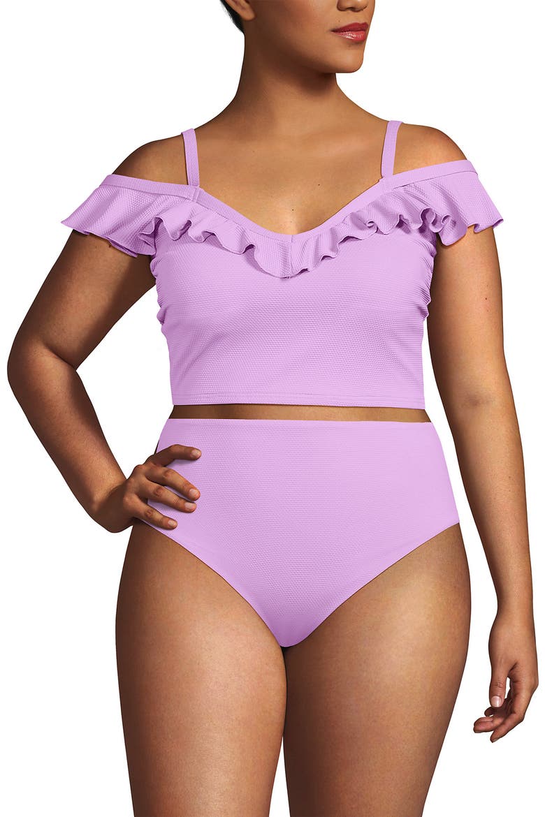 Plus Size Pique Ruffle Tankini Top and High Waisted Bottom Swimsuit Set, Alternate, color, Wild Lilac