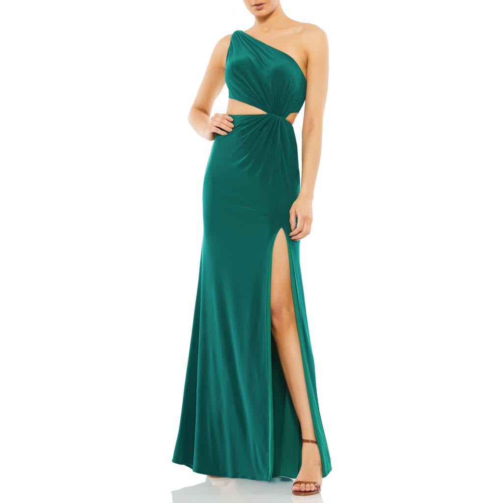 Mac Duggal One Shoulder Ruched Cut Out Jersey Gown In Emerald