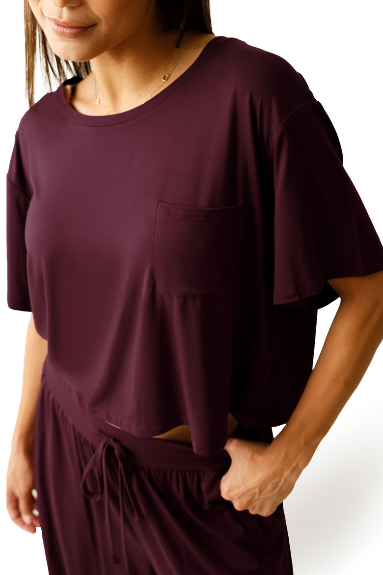 Aria Casual Cropped Short Sleeve Top, Alternate, color, Deep Burgundy