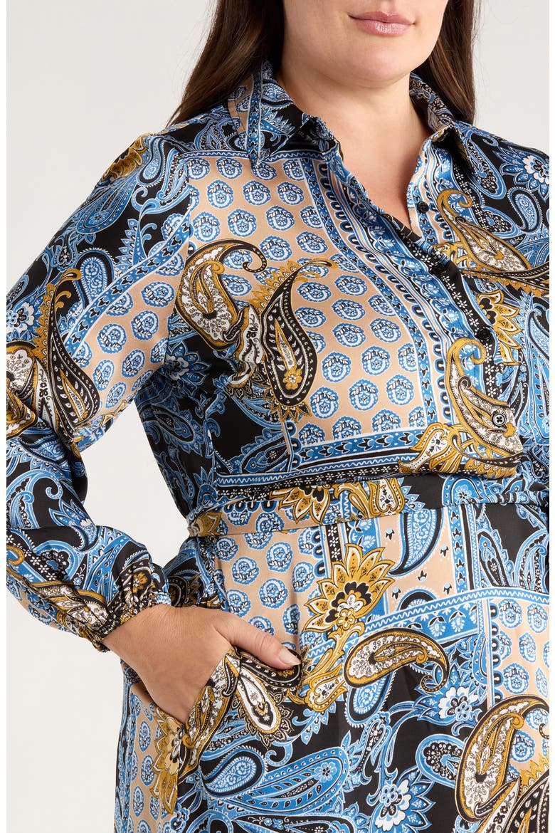 Long Sleeve Tie Belt Satin Shirtdress, Alternate, color, BLUE LAGOON MULTI