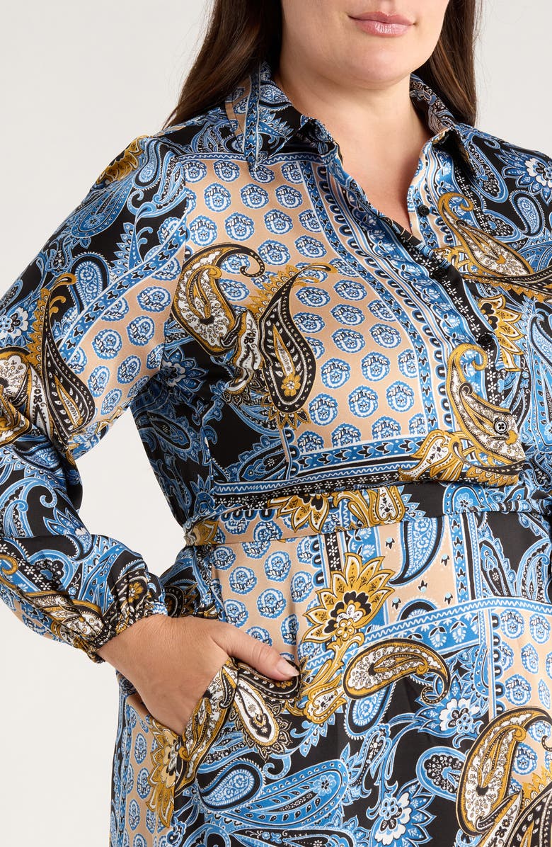 Jones New York Long Sleeve Tie Belt Satin Shirtdress, Alternate, color, Blue Lagoon Multi