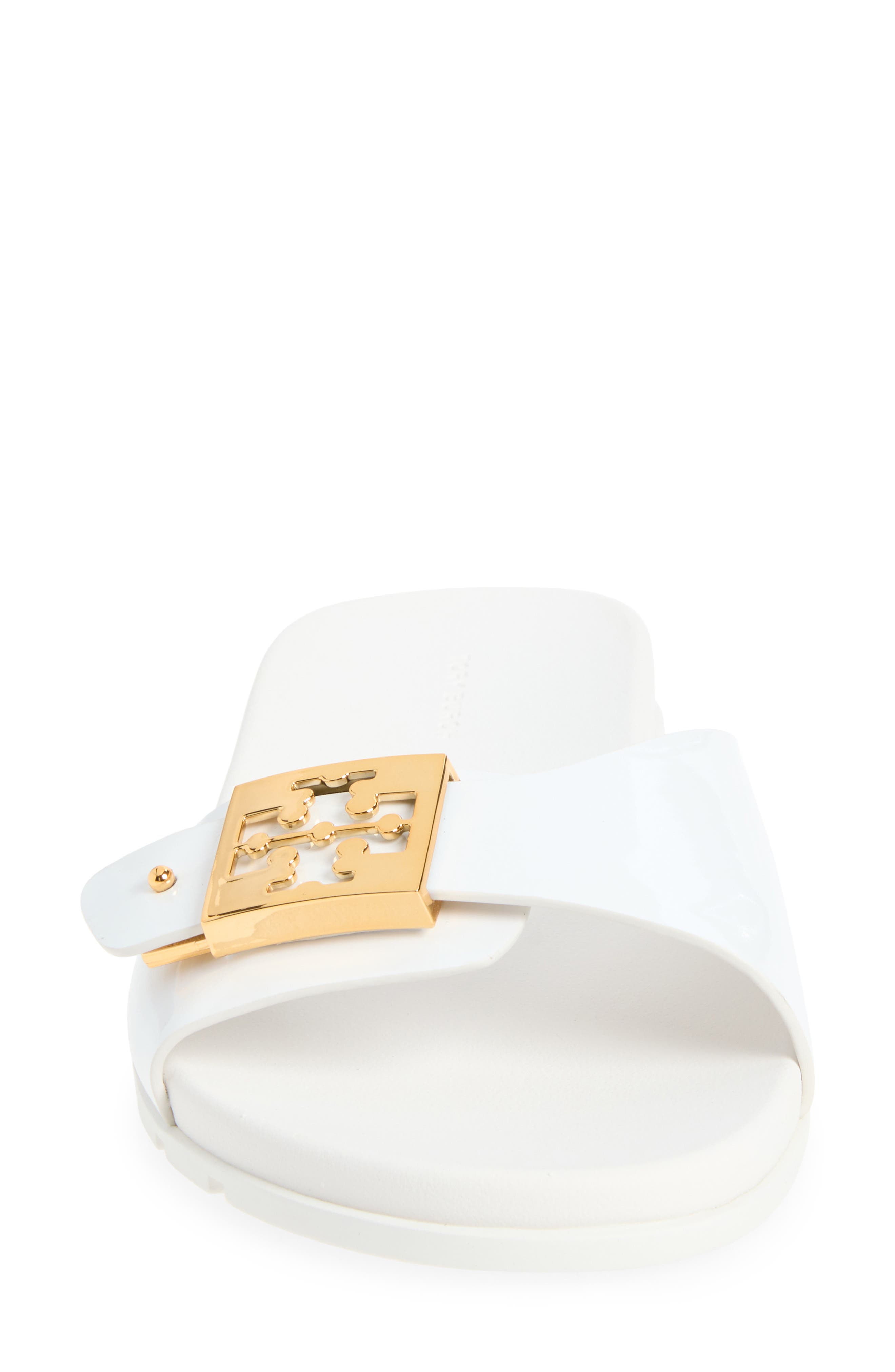 Buckle Slide Sandal, Alternate, color, WHITE / GOLD
