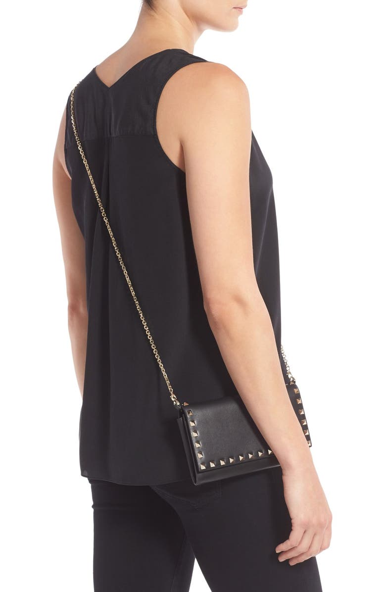 Valentino 'Rockstud' Calfskin Leather Wallet on a Chain, Alternate, color,
