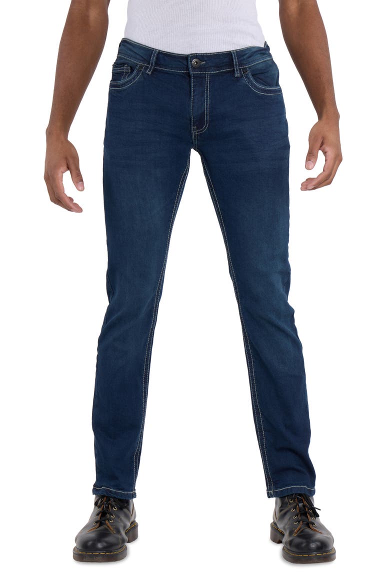 Saddle Stitch Stretch Straight Leg Jeans, Main, color, DARK BLUE