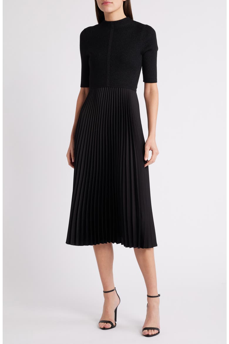 Fireanami Shimmer Sweater Dress with Plissé Skirt, Main, color, BLACK