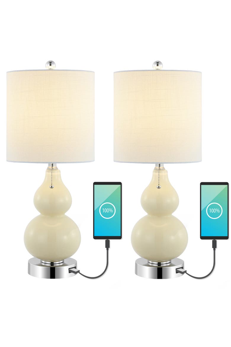 Cora 22" Classic Vintage Glass LED Table Lamp with USB Charging Port, Main, color, Cream